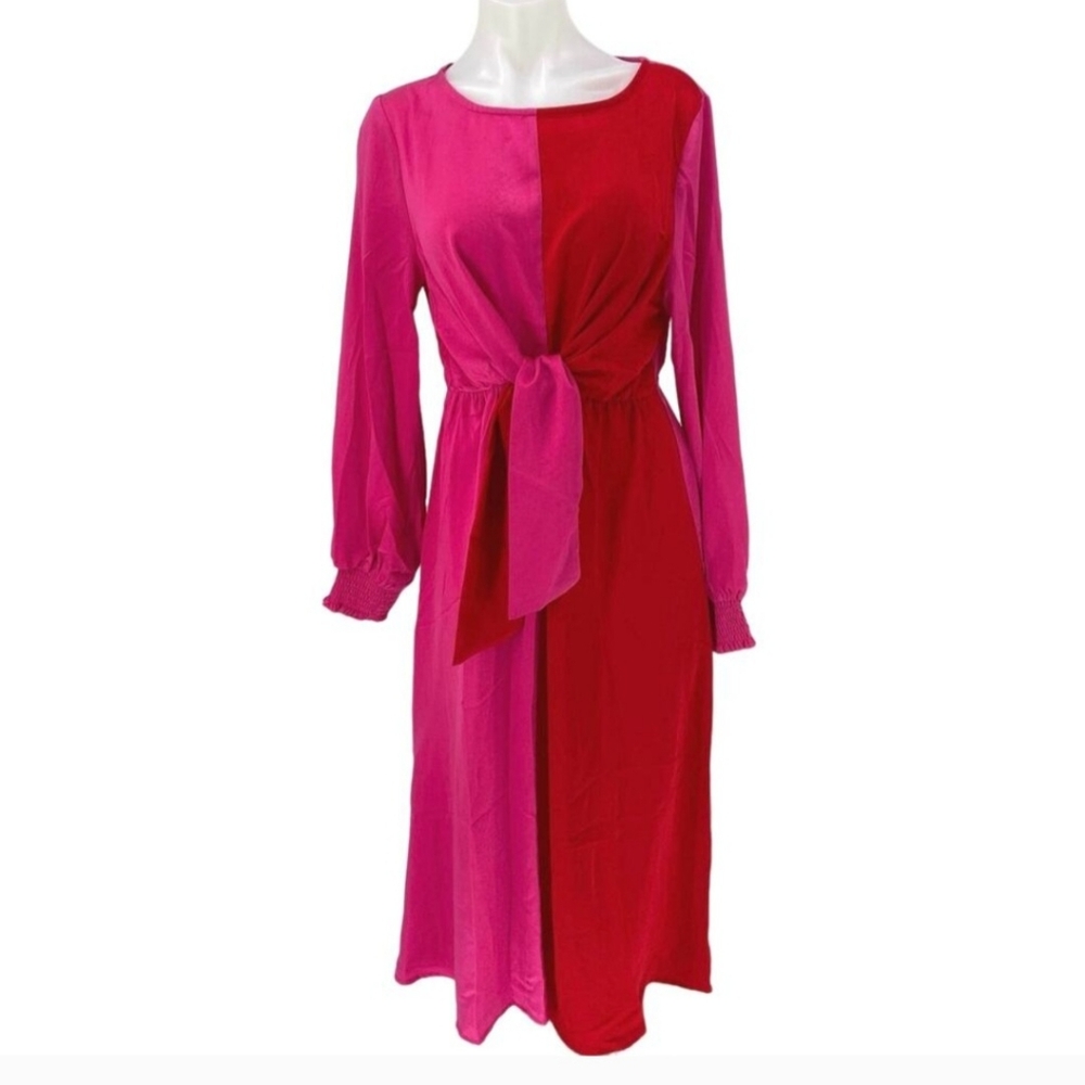 Oddy NWT Pink Red Satin Two Tone Colorblock Tie Front Long Sleeve Midi Dress 2XL
